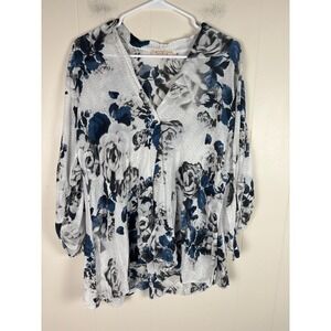 Sofia Made in Italy Floral Tunic Top‎ 3/4 Sleeve V Neck White Blue Women's